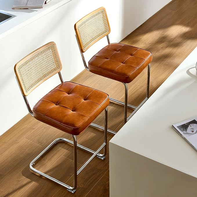 Natural Rattan Bar Stools Set of 3 with Solid Wood Back, 24 Inch Mid Century Modern Counter Height Stools, Brown Faux Leather Upholstery Boho Stool for Kitchen Counter with Chrome Metal Legs