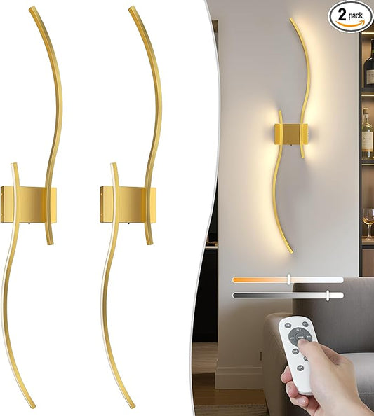 NIORSUN 39.4 Inch Battery Operated Wall Sconce Set of 2, Gold Modern Rechargeable Wall Lights with Remote, 3CCT Dimmable Wireless Wall Lamp for Living Room Bedroom Hallway