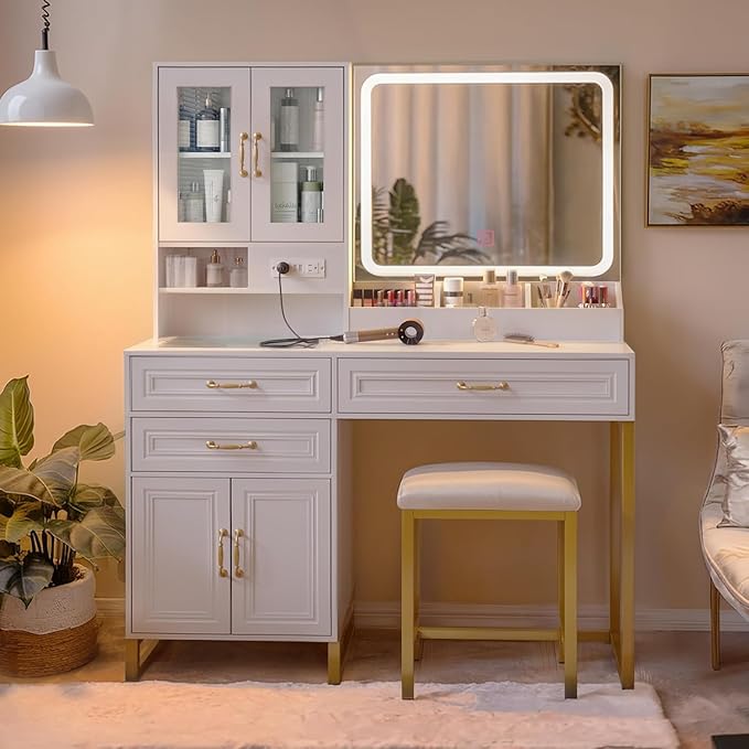 Makeup Vanity Desk with Mirror and Lights - Vanity Table Set with Glass Top Storage Drawer and Bench for Bedroom, in White and Gold