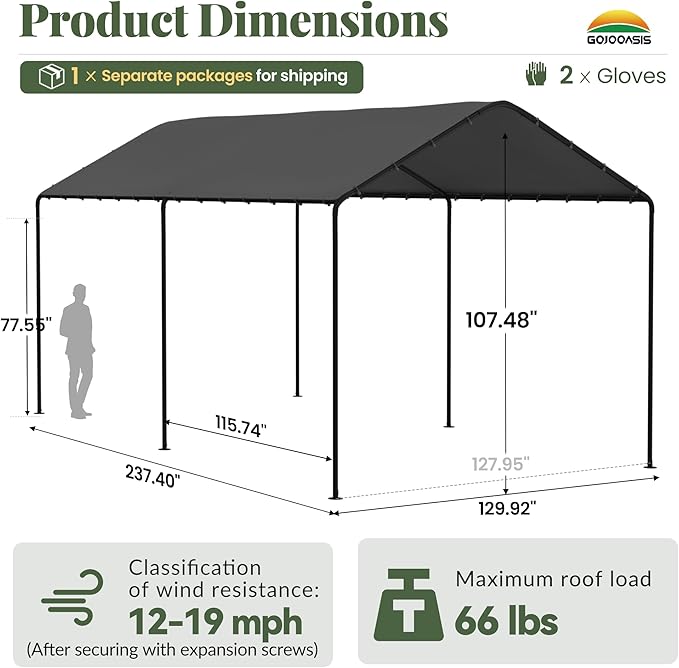 GOJOOASIS 10x20 Carport Heavy Duty Portable Garage Shelter Metal Car Canopy Tent with UV-Resistant & Weatherproof Top Cover for RV & Vehicles (Gray, 10x20 Without sidewalls)