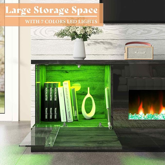 AMERLIFE 70" Glossy Oak Fireplace TV Stand with 36" Fireplace for TVs up to 80", LED Lights Entertainment Center with Flip Doors & Corner Glass, Modern TV Console Table, Living Room, Black