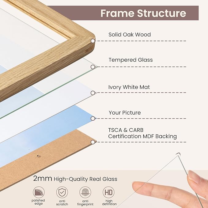 8.5 by 11 Picture Frame - Solid Oak Wood 8.5x11 Fram, 8 1/2 x 11 Diploma Frame With Mat For 6x8, Tabletop and Wall Display, Hanging Hardware Included, Certificate Document Frame, Natural Oak