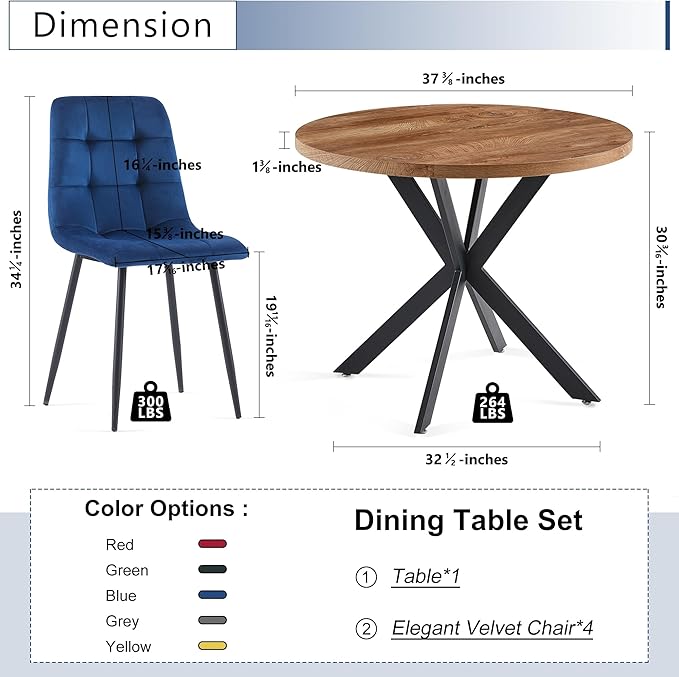 3 Piece Dining Table Set for Small Spaces - Round Kitchen Table Chairs Set of 2 with Blue Velvet Upholstered Chairs -Space Saving Dinette for Kitchen, Dining Room