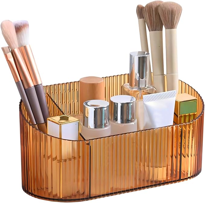 DASITON Large Capacity Makeup Brush Holder,5 Slot Makeup Brush Holder,Vintage striped Make Up Brush Holder,for Vanity Decor,Bathroom Countertops,Desk Storage Container,Cosmetic Display cases(Yelow)