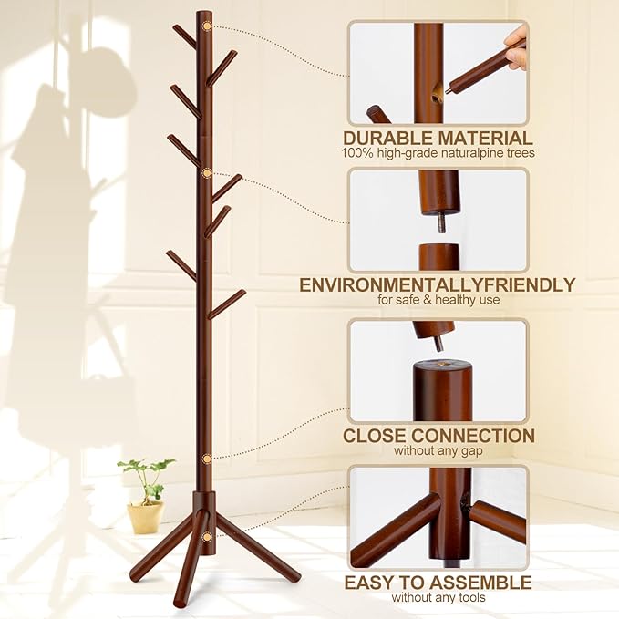 2PCS Solid Wooden Coat Rack Freestanding, New Zealand Pine Coat Tree with 8 Hooks & 3 Adjustable Sizes for Coats, Hats, Handbags and Scarves, Space Saving for Entryway/Office/Bedroom (Brown)