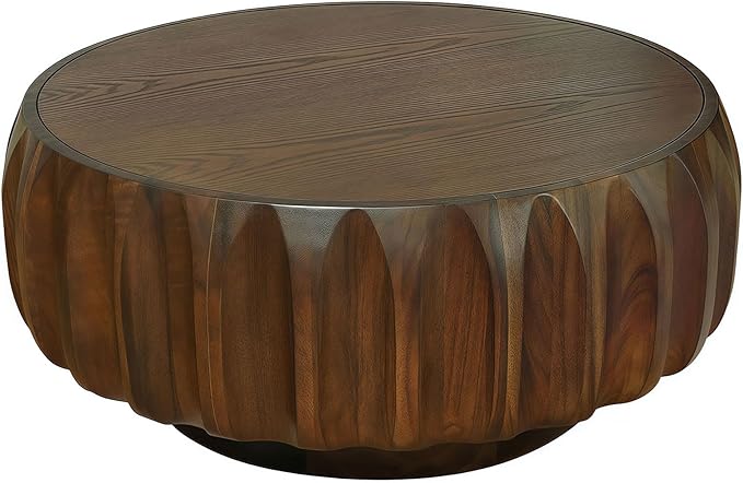31.5" Round Walnut Coffee Table - Mid Century Modern Solid Wood Coffee Tables with Fluted Design for Living Room, Small Space, Apartment (Walnut)