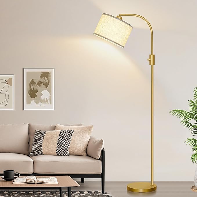 【Upgraded】 Dimmable Gold Floor Lamp, 1200 Lumens LED Bulb Included, Arc Floor Lamps for Living Room Modern Standing Lamp with Linen Shade, Tall Lamp for Living Room Bedroom Office Reading Room Nursery