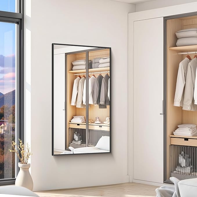 KOCUUY 30x55 Inch Large Black Wall Mounted Mirror,Aluminum Framed Decorative Rectangular Bathroom Mirror for Wall Over Sink,Vanity Mirror for Bedroom Living Room Bathroom,Functional Oversized Mirror