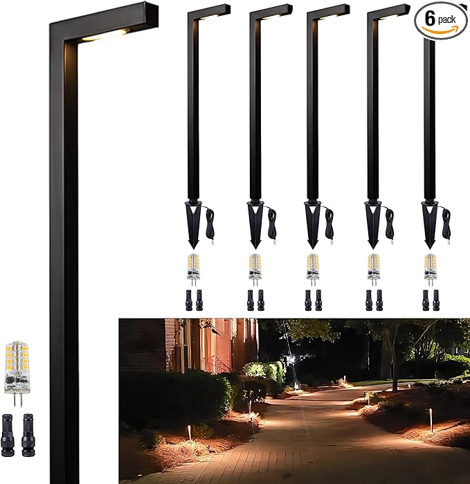 Outdoor Pathway Lights Brass, LED Landscape Path Lights, Low Voltage Driveway Lights Waterproof, L Shape 12V Wired Black for Walkway Sidewalk with 3W 270LM 2700K G4 Bulb 6 Pack