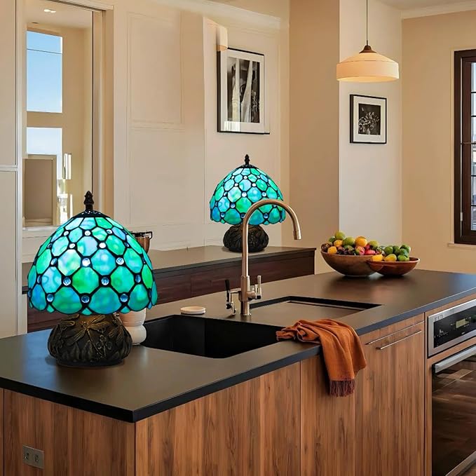 Small Tiffany Stained Glass Lamp, 3 Color Temperatures Bedside Lamp, 8 Inch Blue Pearl Beads Style Mushroom Desk Light for Bedroom Living Room Office Home Decor (Blue)