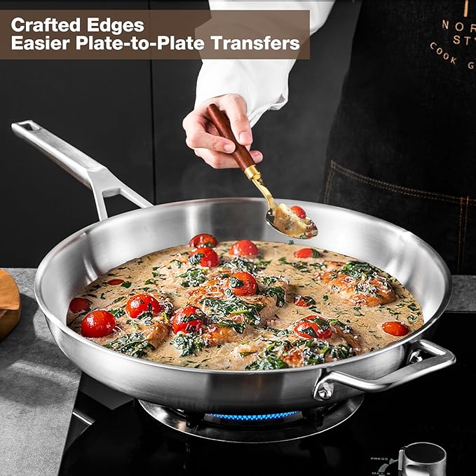 12-Inch Tri-Ply Fully Bonded Stainless Steel Frying Pan with Tempered Glass Lid | Chef's Skillet, Induction Compatible, Dishwasher & Oven Safe