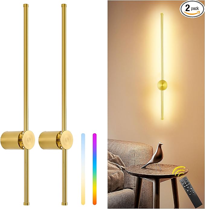 23.6 Inch Battery Operated Wall Sconces Set of Two, 12000mAh Rechargeable Wall Sconce with Remote Control, Dimmable LED Wireless Wall Lights for Bedroom, Living Room, 15 Colors, 180° Rotate, Gold