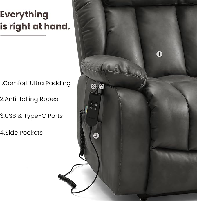 PARKOL Large Breathing Leather Infinite Position Power Lay Flat Lift Recliner Chairs for Elderly, Dual Motor with Massage and Heating, Extended Footrest,USB & Type-C Port and Remote, Sliver Gray