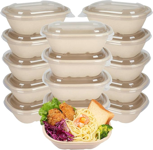 25 oz Disposable salad bowls with lids, Sugarcane Fiber Paper Bowls take away Bagasse food containers meal prep deli container 50 Pack
