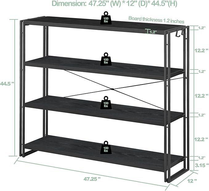 HCHQHS Bookshelf, 4-Tier Industrial Bookcase, Black Open Book Shelf, Freestanding Tall Bookshelves with Metal Frame