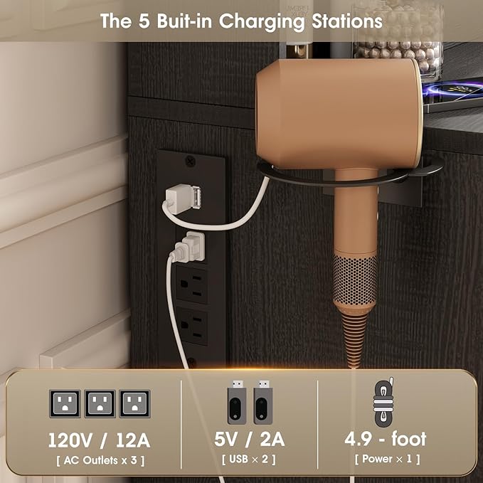 Vabches Black Vanity Desk, Vanity Mirror with Lights, Makeup Desk with Stool, Makeup Table with Large Storage Drawers and Shelves, Time and Temperature Display, 3 Led Lighting Modes Adjustable