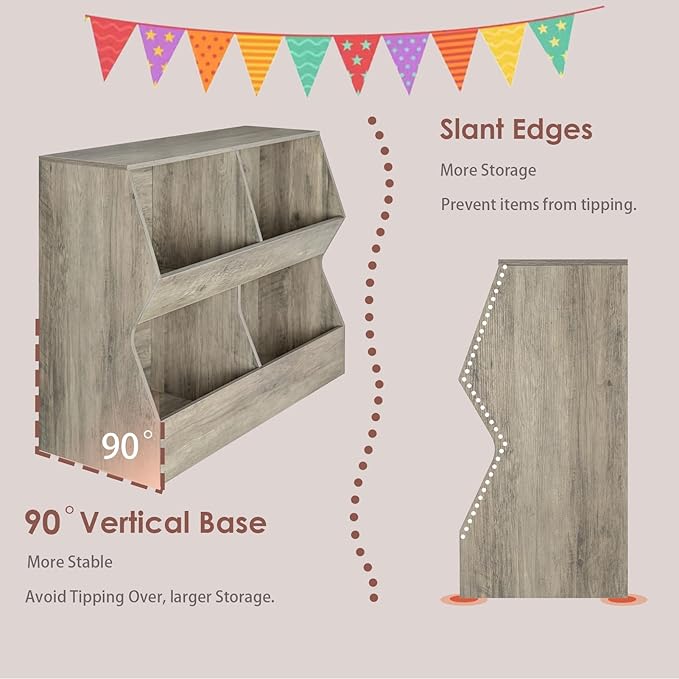 DINZI LVJ Kids Bookshelf, Toy Storage Organizer, Wooden Toy Storage Cabinet, 4 Cubby Children Bookcase, 39.4" L Toddler Book Shelf for Bedroom, Nursery, Hallway, School, Gray Wash