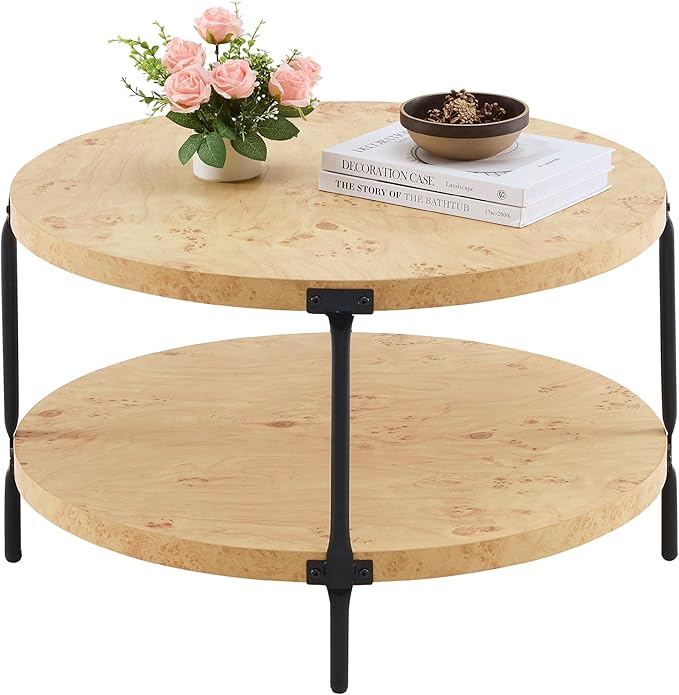 Round Boho Wood Coffee Table - 29.1" Farmhouse Natural Circle Wooden 2-Tier Coffee Tables Living Room Furniture, 29.1" D x 18.3" H, Burl Wood Color