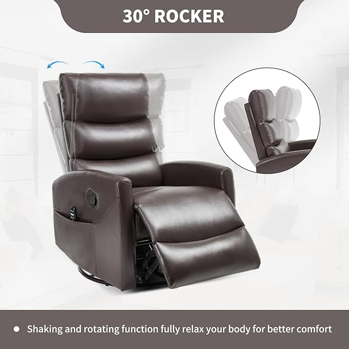 PELUMY Massage Recliner Chair with Heat - Manual Rocker Swivel Recliner, 360° Rotation & 155° Recline for Living Room（Breathable Leather, Brown）