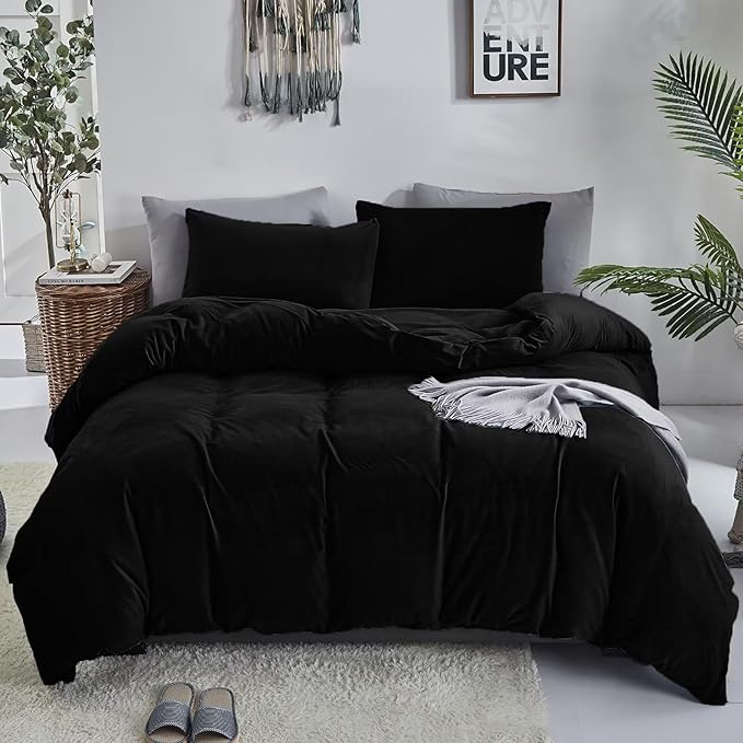 Luxlovery Black Velvet Comforter Set Cal King Men Plush Fluffy Black Bedding Set California King Minimalist Bedding Set Solid Modern Blanket Quilts Winter Warm Flannel Comforter Set