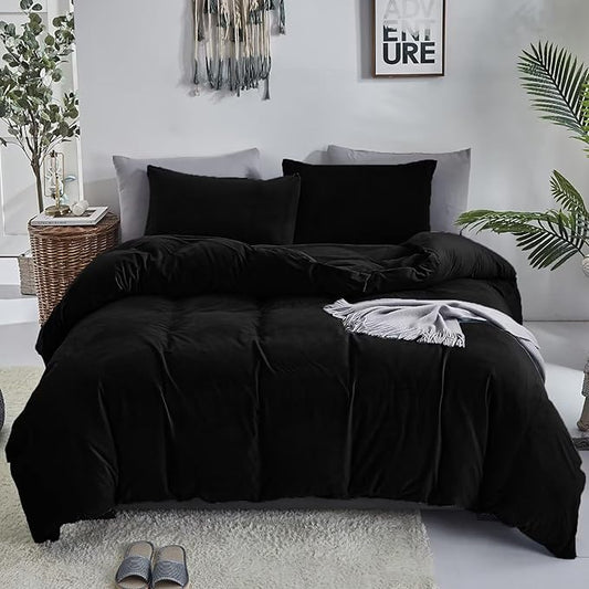 Luxlovery Black Velvet Comforter Set Cal King Men Plush Fluffy Black Bedding Set California King Minimalist Bedding Set Solid Modern Blanket Quilts Winter Warm Flannel Comforter Set