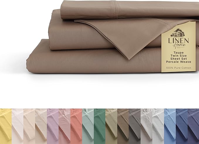 Linen Home 100% Cotton Percale Sheets Twin Size, Taupe, Deep Pocket, 3 Pieces Set - 1 Flat, 1 Deep Pocket Fitted Sheet and 1 Pillowcase, Crisp Cool and Strong Bed Linen