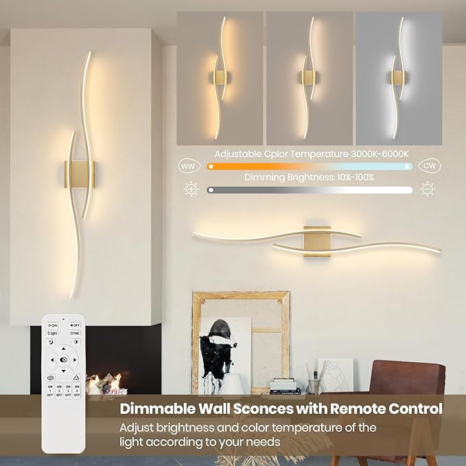 Modern LED Wall Sconce Set of Two with Remote Control, 40" Dimmable Wall Sconces Lighting Set of 2, Gold Wall Light with Timer, LED Wall Lamp Indoor for Bathroom Living Room Bedroom Corridor