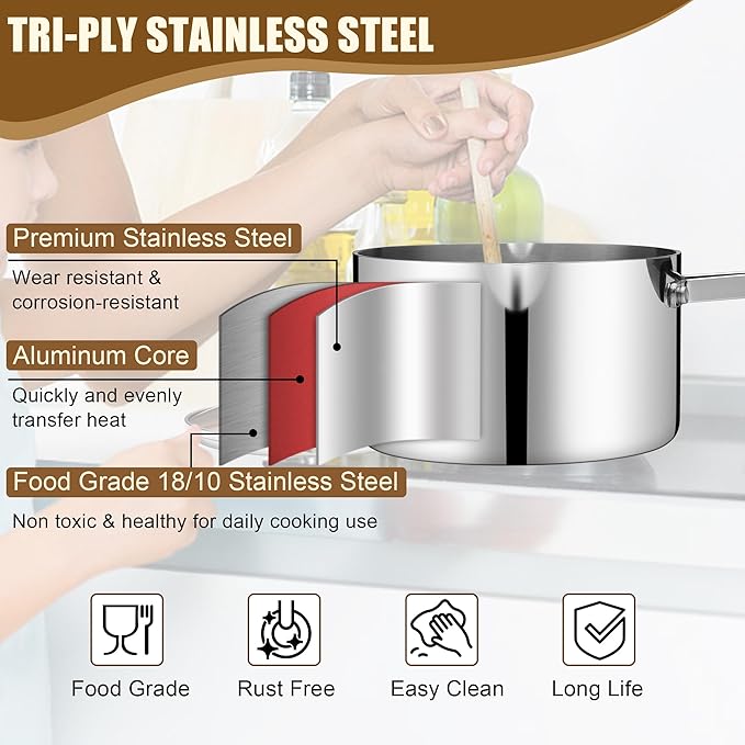 E-far 3 Quart Sauce Pan with Lid, Stainless Steel Tri-Ply All Clad Small Cooking Pot with Pour Spout, Multipurpose Induction Saucepan & Stay-Cool Handle, Compatible with All Cooktops, Dishwasher Safe