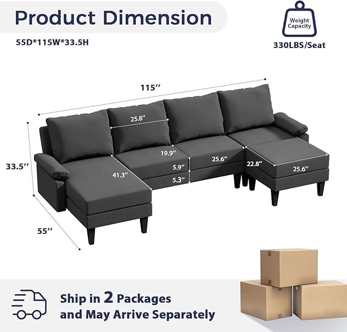 U Shaped Sectional Couch, Convertible Modular Sectional Sofa with Chaise & Ottomans, Modern 6 Seat U Shaped Couches for Living Room Apartment, Grey
