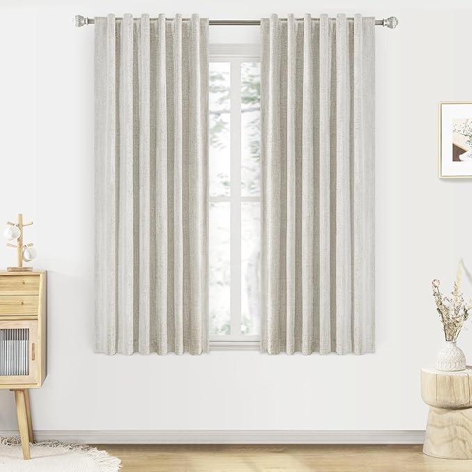 100% Blackout Linen Curtains 63 inches Long Back Tab Rod Pocket 2 Panels Set Linen Curtain Thermal Insulated Textured Short Blackout Curtains for Bedroom Darkening 52x63