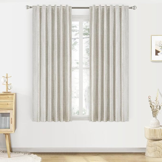 100% Blackout Linen Curtains 63 inches Long Back Tab Rod Pocket 2 Panels Set Linen Curtain Thermal Insulated Textured Short Blackout Curtains for Bedroom Darkening 52x63
