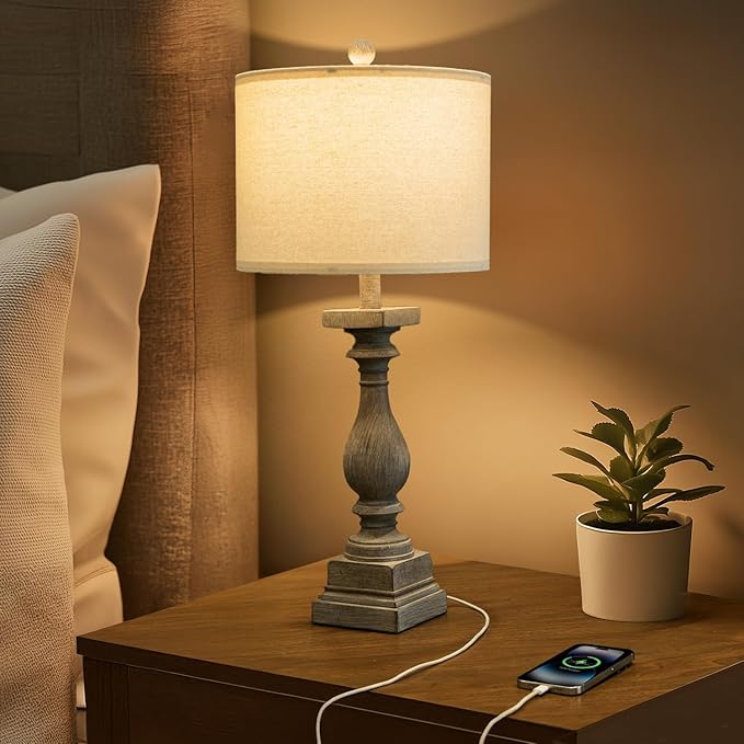 BOBOMOMO 27" Farmhouse Table Lamps with USB-A +C Ports, Vintage Rustic Lamps for Living Room, Linen Shade, Retro Side Table Lamps Set of 2 for Living Room,Bedroom,Night Stands,Office, Home Decor