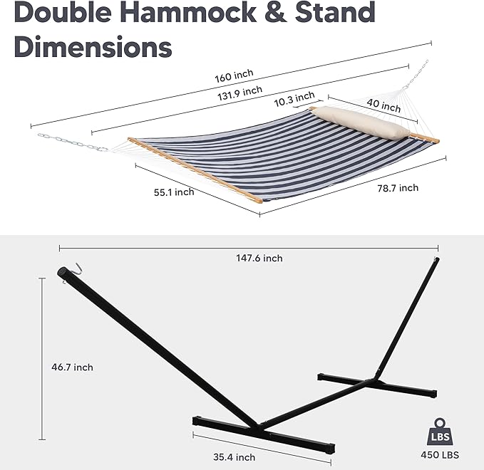 SUNCREAT Double Hammock with Stand Included, Outdoor Portable Hammock with Stand, Blue