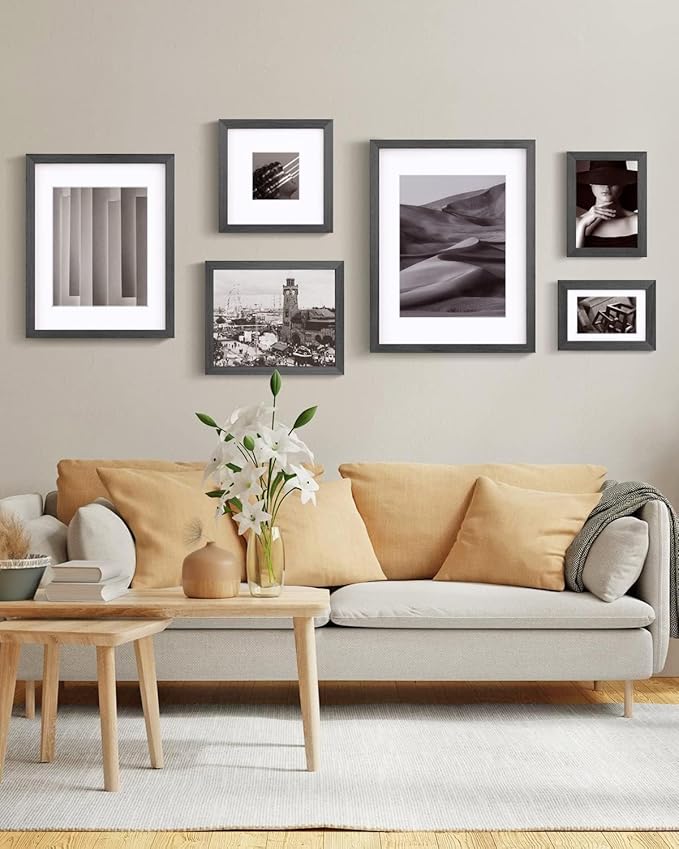 Egofine A4 Picture Frame Made of Solid Wood with Plexiglass, Display Pictures 4x6/6x8 with Mat or A4 Without Mat for Tabletop and Wall Mounting, Rustic Black