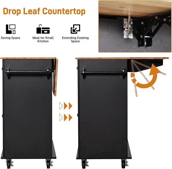 59" Kitchen Cart with Wood Top and Drop Leaf Breakfast Bar, Rolling Mobile Kitchen Island Table on Wheels with Drawer and Storage Cabinet, Spice Rack, Towel Rack, Black
