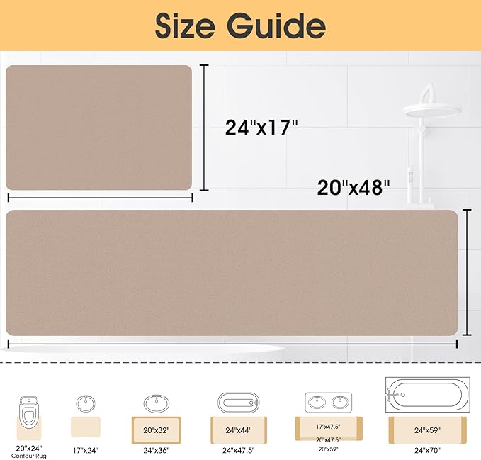 ACCUMTEK Ultra Thin Non-Slip Bath Mat Fit Under Door 2 Piece, Upgrade Backing Non Slip Bath Mat, Quick Dry Ultra Absorbent Bathroom Rugs, Machine Washable Bath Mats for Bathroom, Bathtub & Kitchen