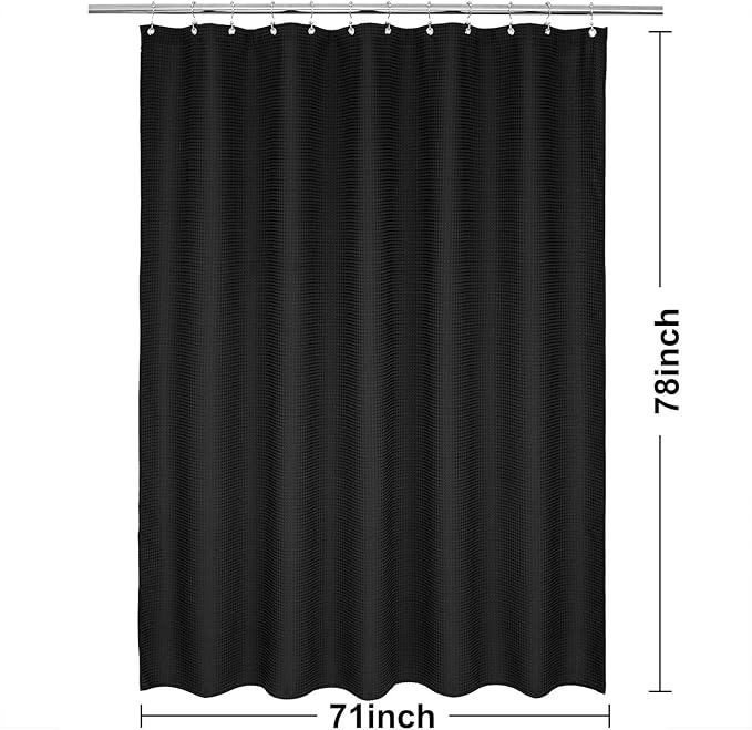 Barossa Design Long Waffle Weave Shower Curtain 71" W x 78" H - Hotel Luxury Spa, 230 GSM Heavy Weighted Fabric, Water Repellent, Black, 71x78