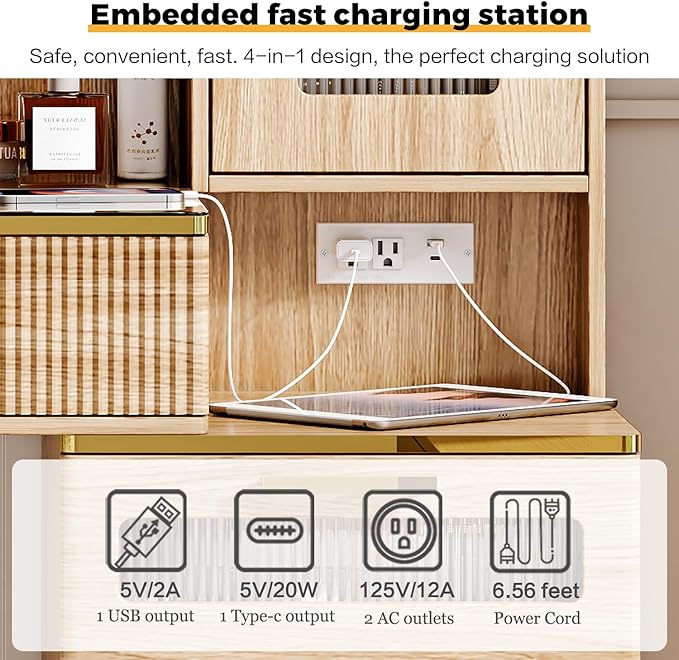 47.24" Big Modern Vanity Desk with Mirror and Lights, Vanity Desk with 29.53" HD Lighted Mirror, Makeup Vanity with 5 Drawers and Storage Shelves and Charging Station, Oak2