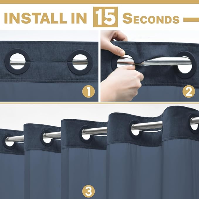 Small No Hook Shower Curtain with Snap in Liner, Polyester Textured Shower Curtain with Liner Set, Waterproof Washable Hotel Style Shower Curtains for Bathroom, 54Wx80H, Navy