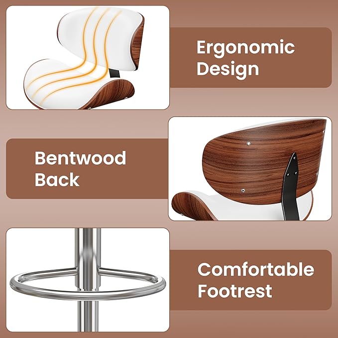 Bar Stools Set of 4, Modern Pu Leather Swivel Adjustable Bar Stool Counter Height Stool Set, Bar Chair with Back and Footrest for Kitchen, Dining Room, White