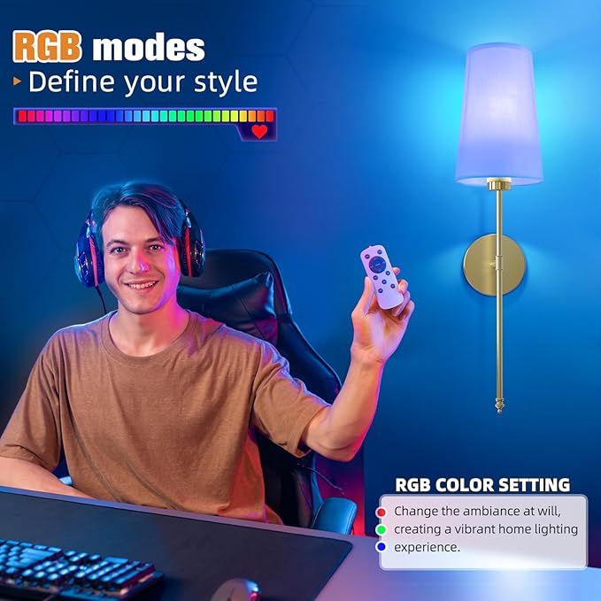 NIORSUN Gold Battery Operated Wall Sconce Set of 2,Rechargeable Wall Lights with 5200mAh Dimmable Detachable Bulbs and Remote,9 Colors Wireless Sconces for Bedroom Living Room Hallway