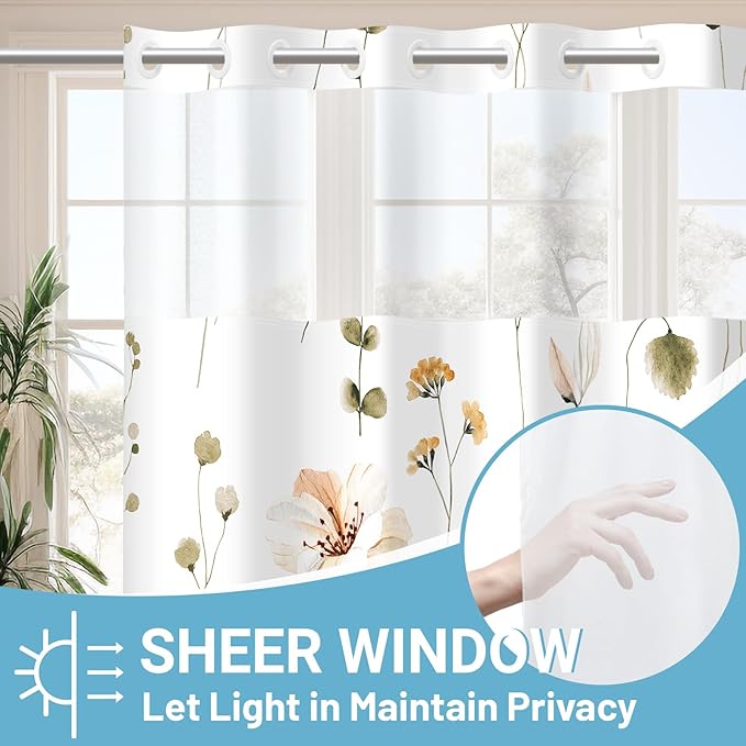 No Hook Shower Curtain with Snap in Liner - Floral Shower Curtain - Fabric Waterproof Inner Liner, Plants Watercolor Khaki Modern Cloth Shower Curtains - Machine Washable, 71 x 74