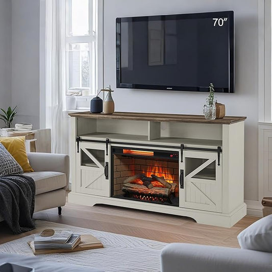 Fireplace TV Stand for 70" TV, Farmhouse Entertainment Center with 26” Fireplace Heater, Auto-Power-Off Door Sensor, TV Console with Sliding Barn Door, Adjustable Shelves, Jasmine White