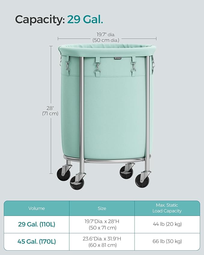 SONGMICS 29-Gallon (110 L) Laundry Basket with Wheels, Rolling Round Heavy-Duty Laundry Hamper Cart with Steel Frame and Removable Bag, 2 Locking Wheels, Mint Green and Metallic Silver URLS002C01