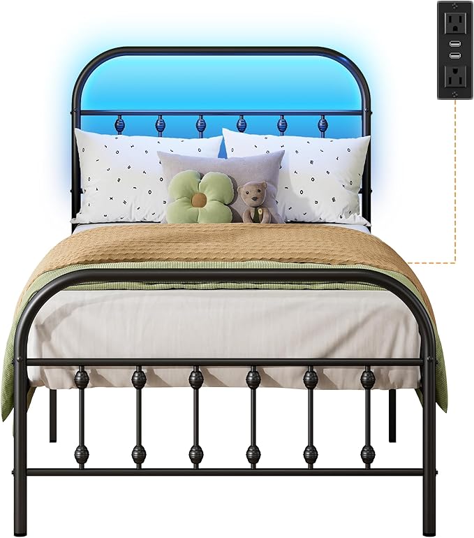 WLIVE Twin Bed Frames with Storage, Twin Bed Frame with LED Lights and Charging Station, Metal Platform Bed Frame with Headboard, Black