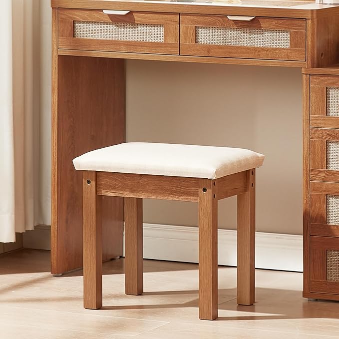 LEYAOYAO Vanity Stool, Elegant Makeup Stool with Comfortable Fabric Cushion, Sturdy Wooden Frame, Modern Vanity Bench for Bedroom and Bathroom-Tea Brown
