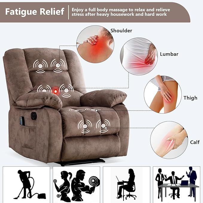 ANJHOME Overstuffed Massage Recliner Chairs with Heat and Vibration, Soft Fabric Single Manual Reclining Chair for Living Room, Camel