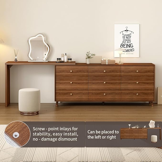 Makeup Vanity Desk with Cloud HD Lighted Mirror, 70-110in Extendable Modern Vanity Table, 6-Drawer Solid Wood Frame Storage Cabinet, Dressing Table for Bedroom, Brown