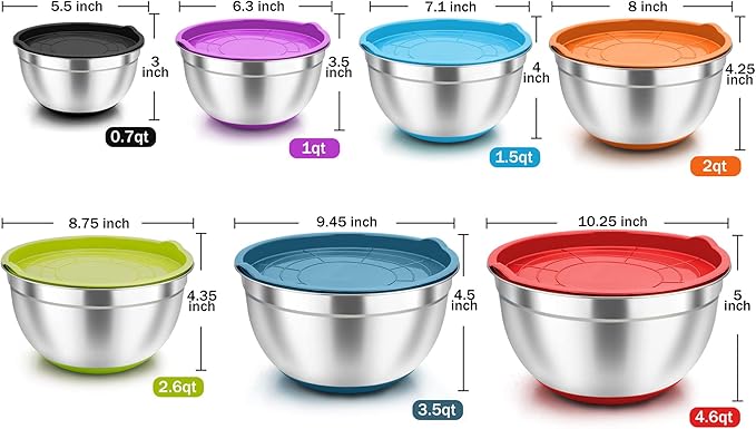 TeamFar Mixing Bowls Set of 7, Stainless Steel Mixing Bowls with Lids for Baking Mixing Prepping, Salad Bowl with Air-tight Lid & Silicone Bottom - 4.6/3.5/2.6/2 / 1.5/1 / 0.7 Qt