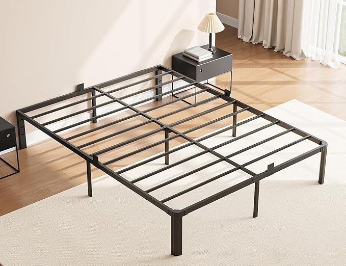 14 Inch Metal Bed Frame King Size Heavy Duty High Platform with Steel Slats No Box Spring Needed Noise-Free Easy Assembly, Under Bed Storage Sturdy Frame with Mattress Stoppers Easy Assembly